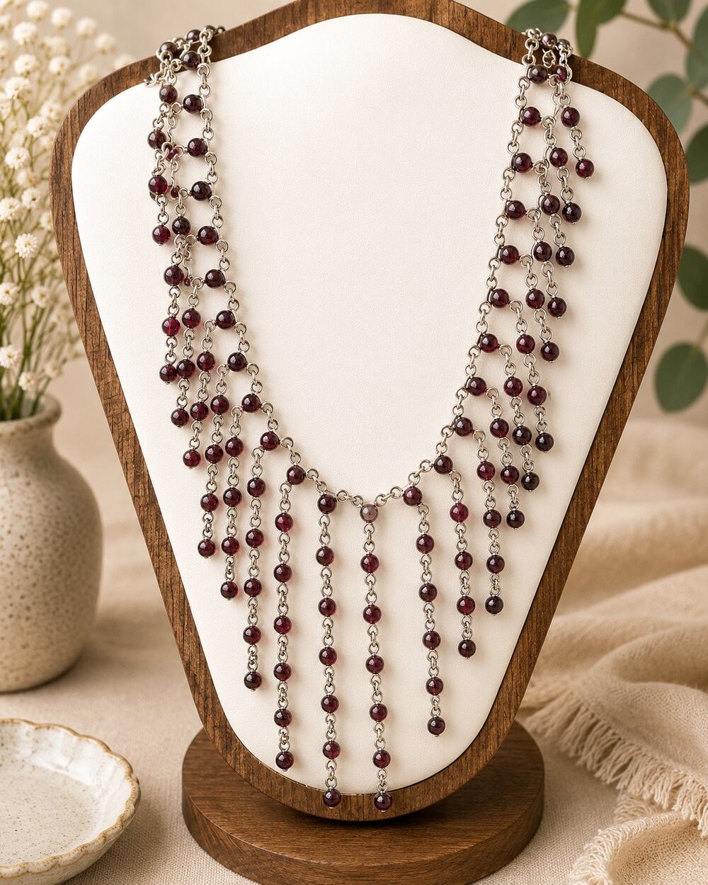 Vintage 925 Sterling Silver Garnet Bib Necklace Multi Strand Boho Festoon